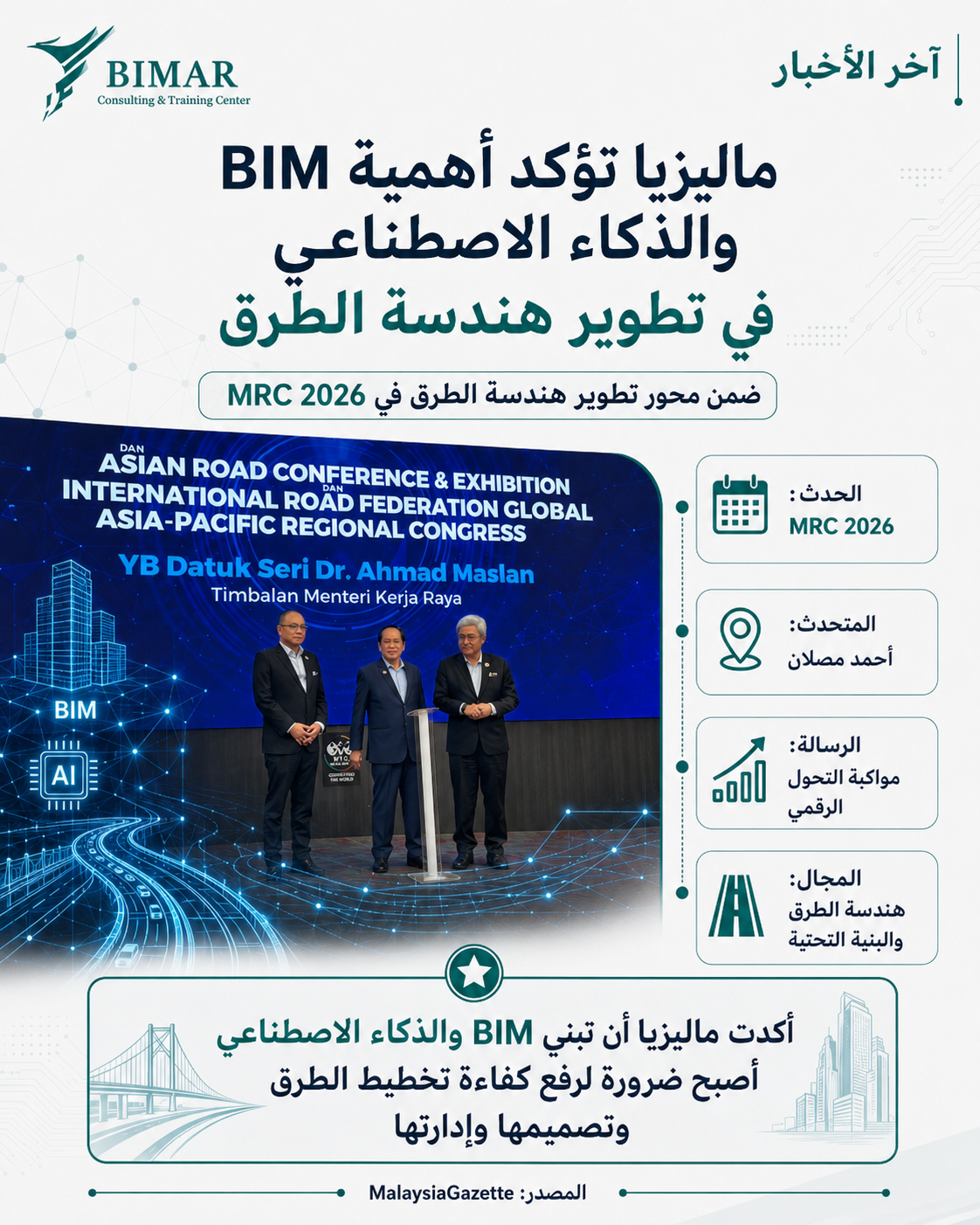 ماليزيا تضع ال BIM والذكاء الاصطناعي ضمن محور تطوير هندسة الطرق في MRC 2026