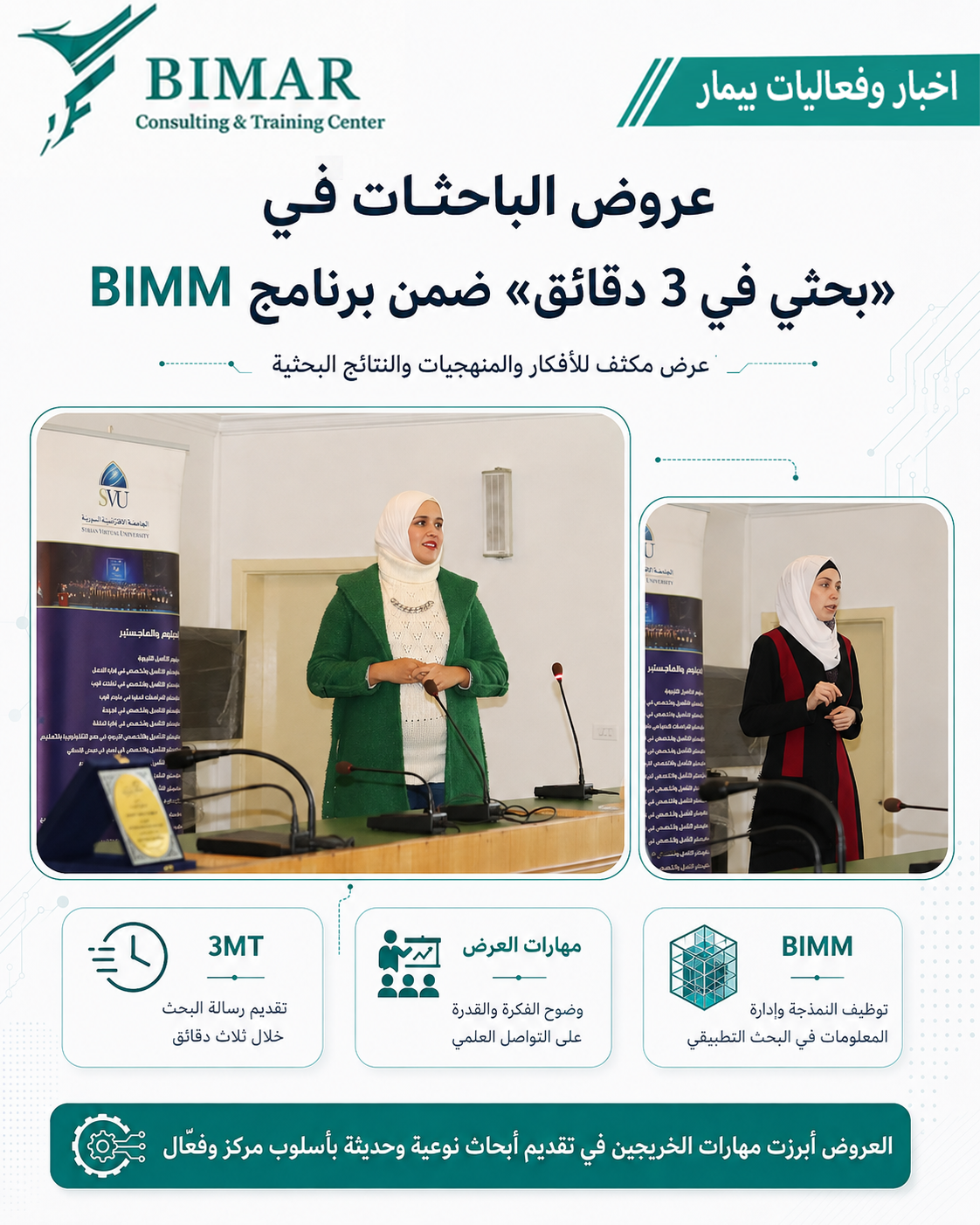 الجامعة الافتراضية السورية تكرّم نخبة من خريجي ماجستير BIMM ضمن مسابقة «بحثي في ثلاث دقائق» بمشاركة أكاديمية ومهنية متخصصة